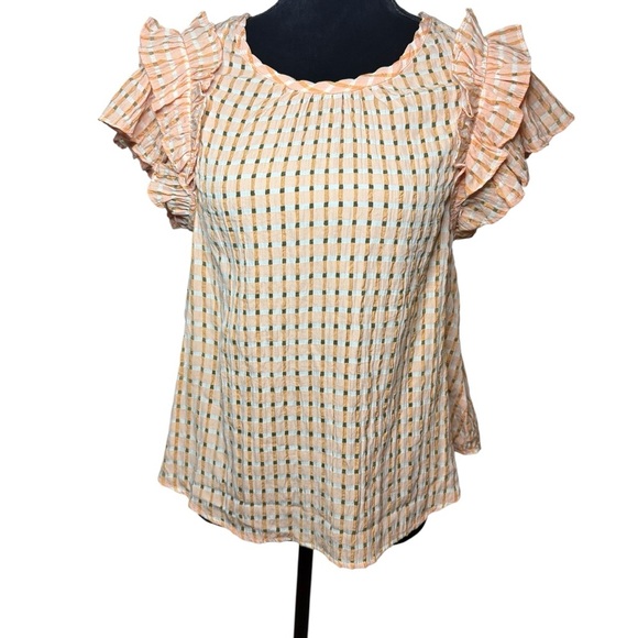 New In | Orange & White Gingham Ruffled Blouse | Sz L - Picture 3 of 9